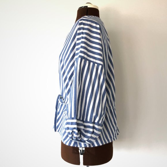 Blue and White Striped Top with Balloon Sleeves - Picture 2 of 5